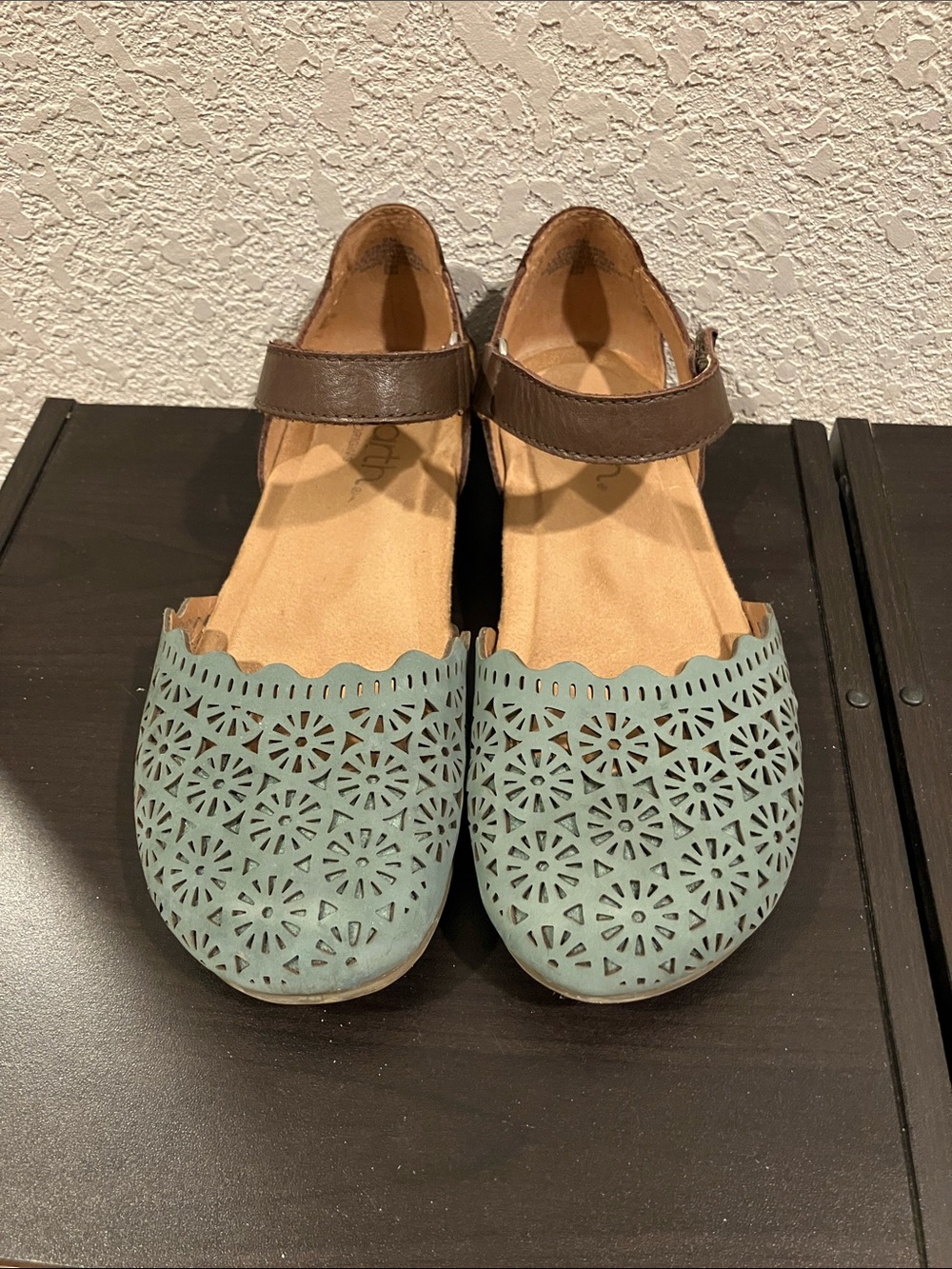 Earth Origins Sage Green Laser-Cut Mary Jane Flats with Brown Ankle Strap